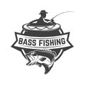 Bass fishing camp. Emblem template with fisherman. Design element for logo, label, sign, poster. Royalty Free Stock Photo