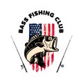 Bass fishing club. Bass fish and fishing rod on american flag background. Design element for logo, label, sign, badge. Royalty Free Stock Photo