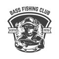 Bass fishing club. Emblem template with fisherman and perch. Design element for logo, label, sign, poster. Royalty Free Stock Photo