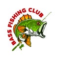 Bass fishing club. Illustration of bass fish and fishing rod. Design element for poster, card, banner, t shirt. Royalty Free Stock Photo