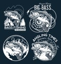 Bass Fishing emblem on black background. Vector illustration. Royalty Free Stock Photo