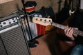 Bass guitar riff in studio closeup Royalty Free Stock Photo