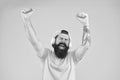 Bass low sound. Hipster headphones gadget. Inspiring song. Music library. Feel rhythm. Bearded guy enjoy music