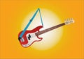 Red and white bass guitar hanging on blue stripe at sunny background Royalty Free Stock Photo