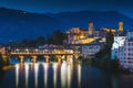 Bassano del Grappa, Italy. View of the Alpini bridge and the historic center from the Brenta river Royalty Free Stock Photo