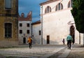 Bassano del Grappa  Vicenza  Italy - October 20  2019: Tourists stroll in one of the main squares Royalty Free Stock Photo