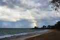 People taking sun bath in the sunset on the beautiful Plage de Cluny on Basse-Terre on Guadeloupe island