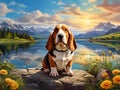 A basset hound dog pose in cute, with a breathtaking lake, flower, mountain, plants, painting, Van Gogh style, beautiful nature