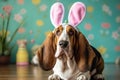 Basset Hound Image Easter Bunny Ears. Generative AI