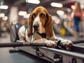 A basset hound lying on a gym rower, capturing a moment of rest in a fitness environment, suggesting wellness and leisure. This