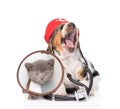 Basset hound puppy with stethoscope on his neck and kitten wearing a funnel collar. isolated on white background Royalty Free Stock Photo