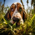 Basset hound sniffing the grass