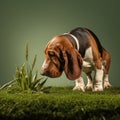 Basset hound sniffing the grass