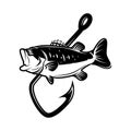 Bassfish and fishing hook. Design element for emblem, sign, badge, logo. Royalty Free Stock Photo