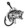 Bassfish and fishing hook. Design element for emblem, sign, badge, logo. Royalty Free Stock Photo