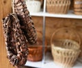 Bast shoes woven from the bark hang. Handmade, old shoes, traditional. Copy space for text Royalty Free Stock Photo