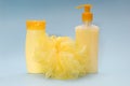 Bast whisp, shampoo and shower gel Royalty Free Stock Photo