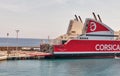 Corsica Lines ferry ship moored in Bastia ferry port, France