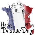 Bastille on the map of France in watercolor tricolor background. Royalty Free Stock Photo
