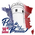 Bastille on the map of France in watercolor tricolor background.