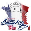 Bastille on the map of France in watercolor tricolor background.