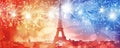 Bastille Day background with a minimalist design of the Eiffel Tower and abstract fireworks in red, Royalty Free Stock Photo