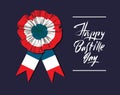 Bastille Day. Badge and ribbon. The French tricolor, the colors of the French flag. Hand lettering happy Bastille day Royalty Free Stock Photo