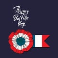 Bastille Day. Badge and ribbon. The French tricolor, the colors of the French flag. Hand lettering happy Bastille day Royalty Free Stock Photo