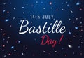 Bastille Day banner design with flying confetti on dark background. July 14, National Day of France
