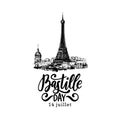 Bastille Day design.Drawn illustration of Eiffel Tower.French National Day background.14th July concept for card,poster.