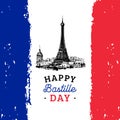 Bastille Day design.Drawn illustration of Eiffel Tower.French National Day background.14th July concept for card,poster.