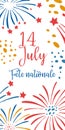 Bastille Day design template with fireworks. Title in French National celebration Royalty Free Stock Photo