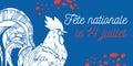 Bastille Day design template with gallic rooster. Title in French National celebration 14th of July