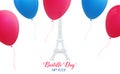 Bastille Day. French holiday card with Eiffel Tower and colorful balloons. 14th of July