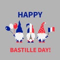 Bastille Day gnomes with flag of France. French patriotic gnomes. Vector template for poster, banner, party invitation