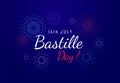 Bastille day greeting banner design with text and fireworks illustration on blue dark background. 14th of July