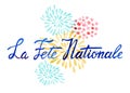 Bastille day greeting lettering design. Text `French National day `. Hand drawn watercolor illustration