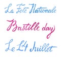 Bastille day greeting lettering design. Texts `14th of July` `French National day `. Greeting card and poster design