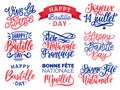 Bastille Day handwritten phrases. Calligraphy of Joyeux 14 Juillet etc. translated from french Happy 14th July etc.