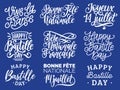 Bastille Day handwritten phrases. Calligraphy of Joyeux 14 Juillet etc. translated from french Happy 14th July etc.