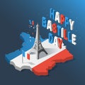 Bastille Day, Independence Day of France, symbols. French flag and map icons set in 3d style. Royalty Free Stock Photo