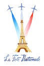 Bastille day. La Fete Nationale.Text `French National day`. Hand drawn watercolor illustration with Eiffel tower and airplanes