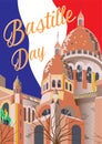 Bastille day poster. Vector hand drawn illustration. Sacre coeur, Paris, France.