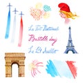 Bastille day set. Hand drawn watercolor illustration of Marianne Royalty Free Stock Photo