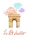 Bastille day. Text `14th of July`. French National day greeting card and poster design. Hand drawn watercolor illustration