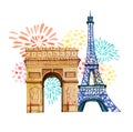 Bastille day. 14th of July. French National day. Hand drawn watercolor illustration with Triumphal Arch and Eiffel tower