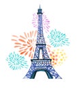 Bastille day. 14th of July. La Fete Nationale. French National day. Hand drawn watercolor illustration with Eiffel tower