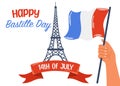 Happy Bastille Day. rench National Day poster. Hand with the flag of France and Eiffel tower. Royalty Free Stock Photo