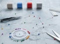 Basting pins with colored heads, a sewing ripper, chalk for cutting, spools of thread, large tailor\'s scissors. Royalty Free Stock Photo