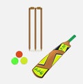 Cricket bat, ball, wicket, illustration, vector on a white background. Royalty Free Stock Photo